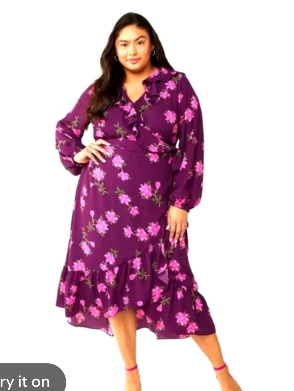 Draper James RSVP Plum Floral Ruffle Wrap Surplice Midi Dress 1X - Picture 9 of 9